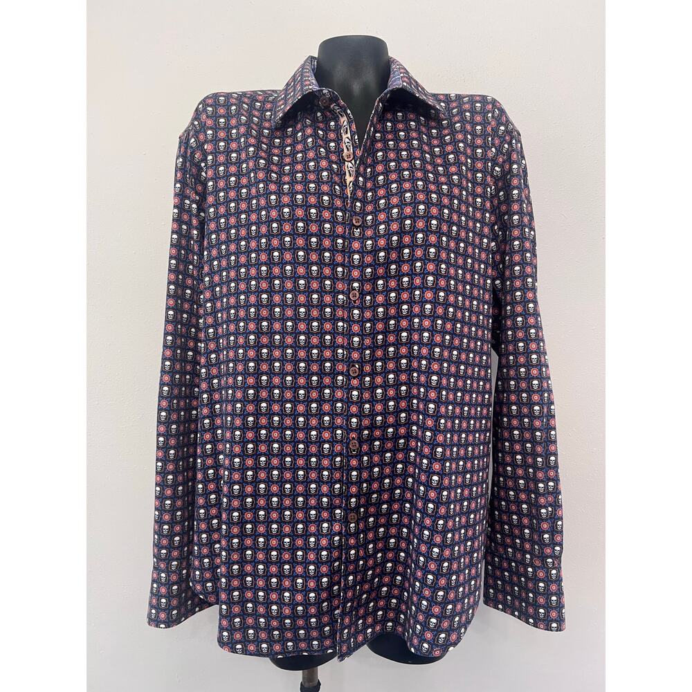 Robert Graham Mens Button Down Shirt Skulls Print Union Jack Flip Cuff XL Grunge